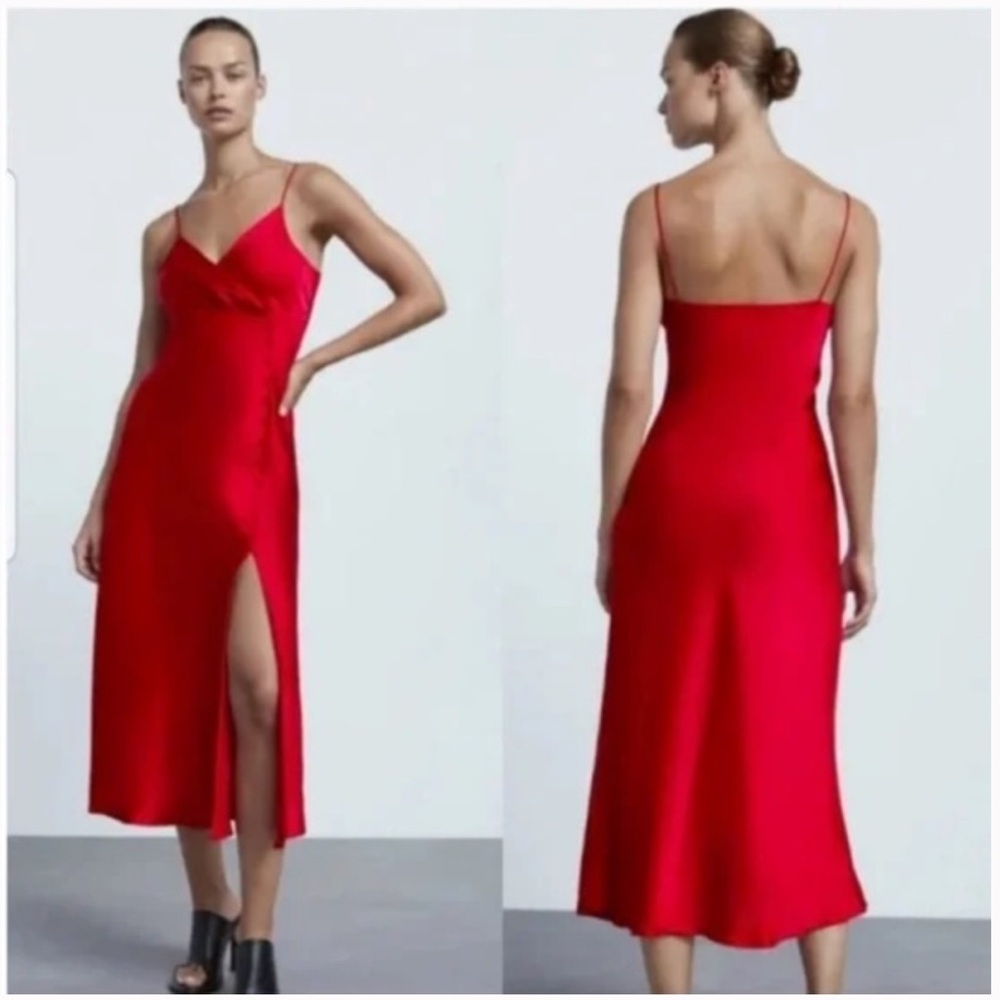 Zara Red Satin Effect Midi Dress, size small